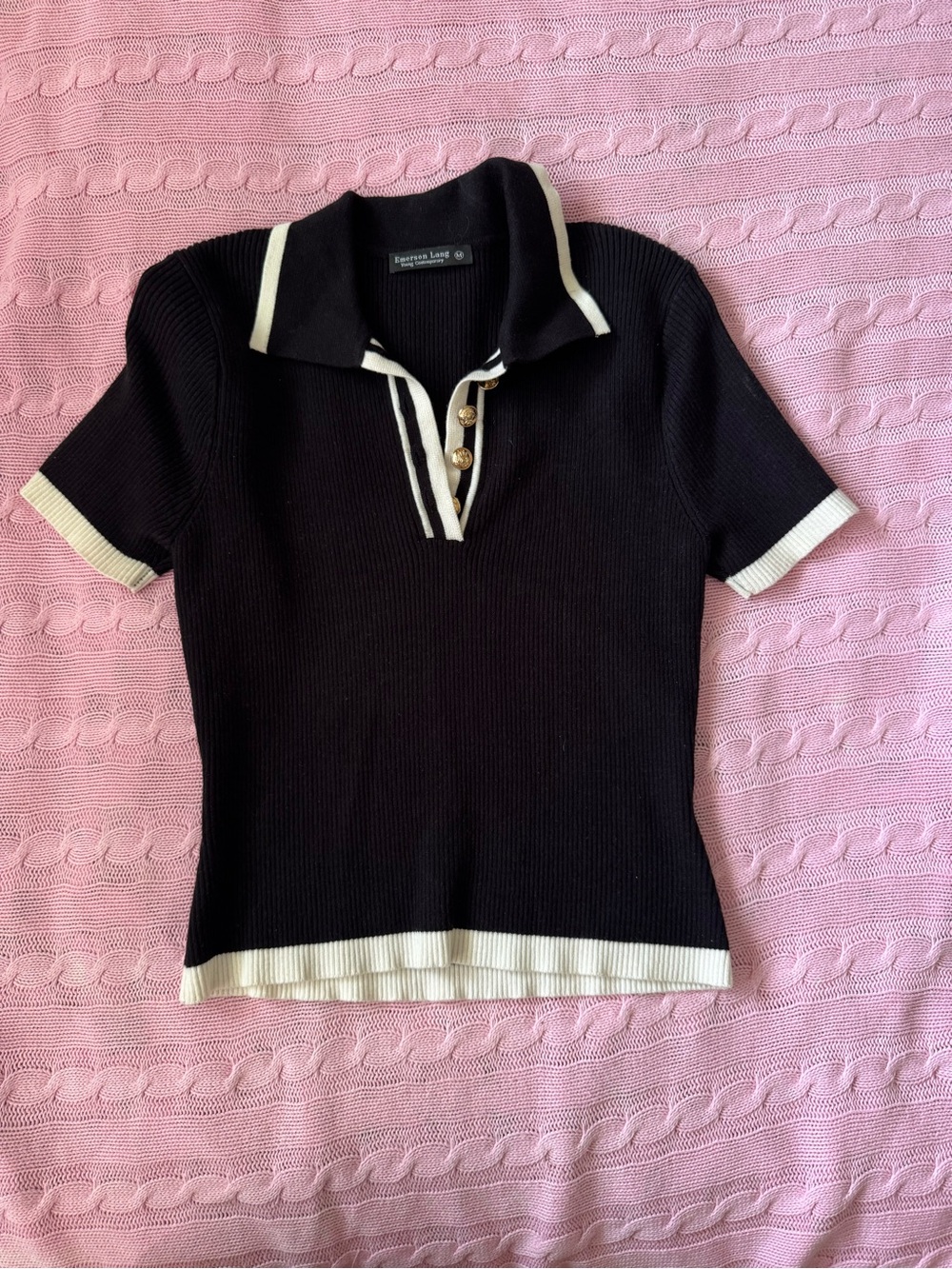 Emerson Lang Black Short-Sleeve Ribbed Polo Top with White Trim